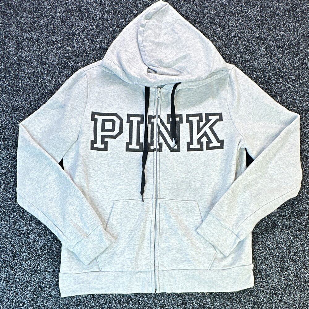 PINK Victoria's Secret Gray Full Zip Hooded Fleece Hoodie Logo Pockets M